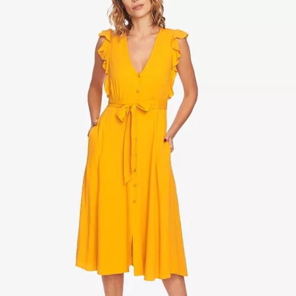 NWT 1.STATE Ruffled Midi Dress Yellow Size XS - Picture 1 of 9